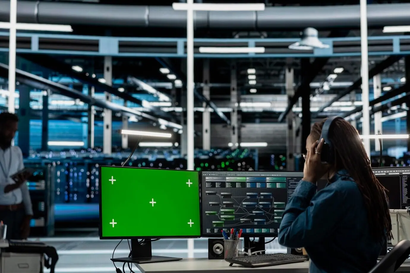 Empleado de la sala de servidores que lleva auriculares de audio y usa un PC simulado.