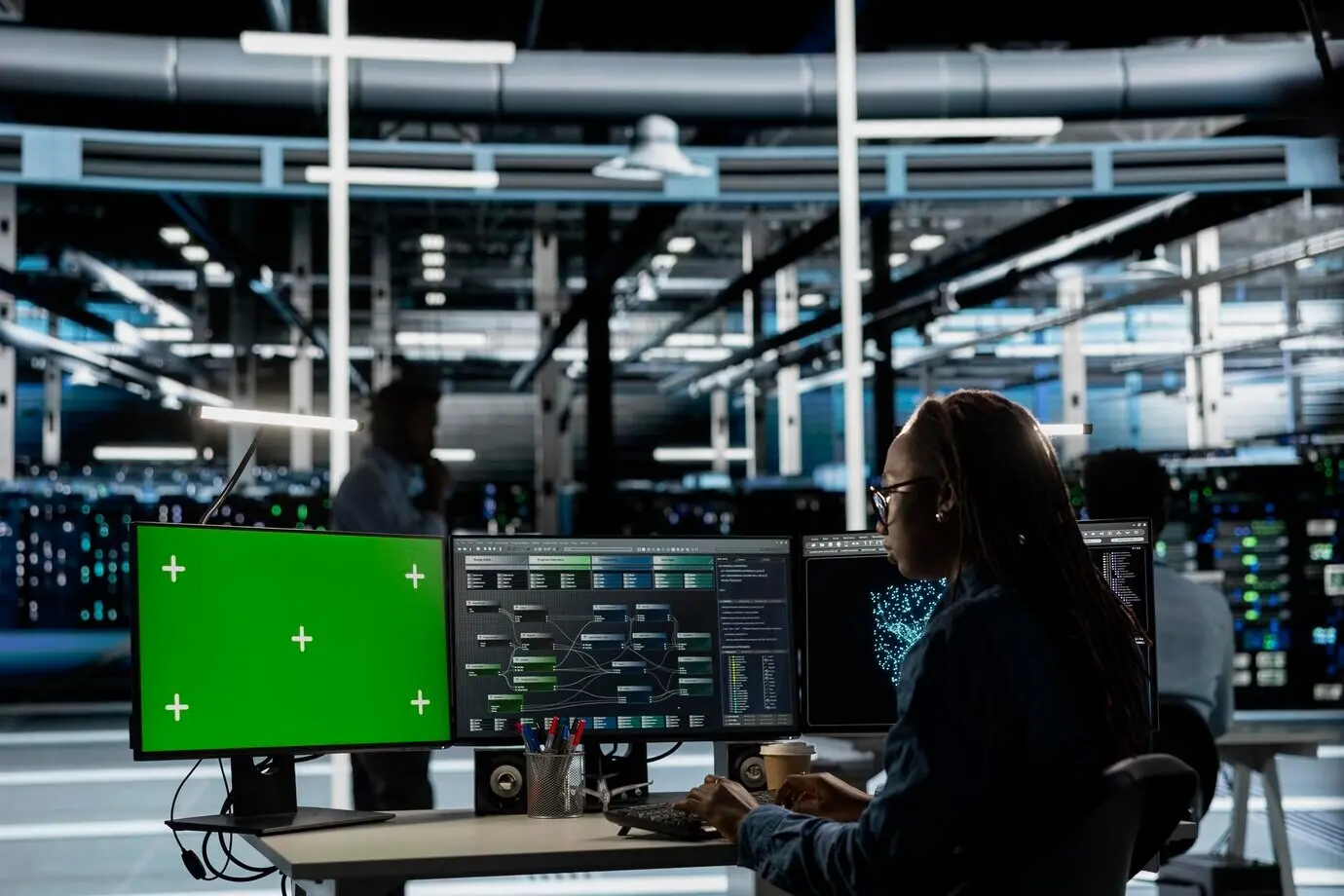 Experto en hub de servidores usando un lenguaje de programación de IA en una computadora con croma key.